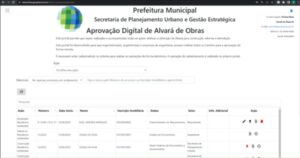 Ilustração de processo digitalizado na prefeitura, com profissionais acessando plataformas online para emissão de alvará de obra.
