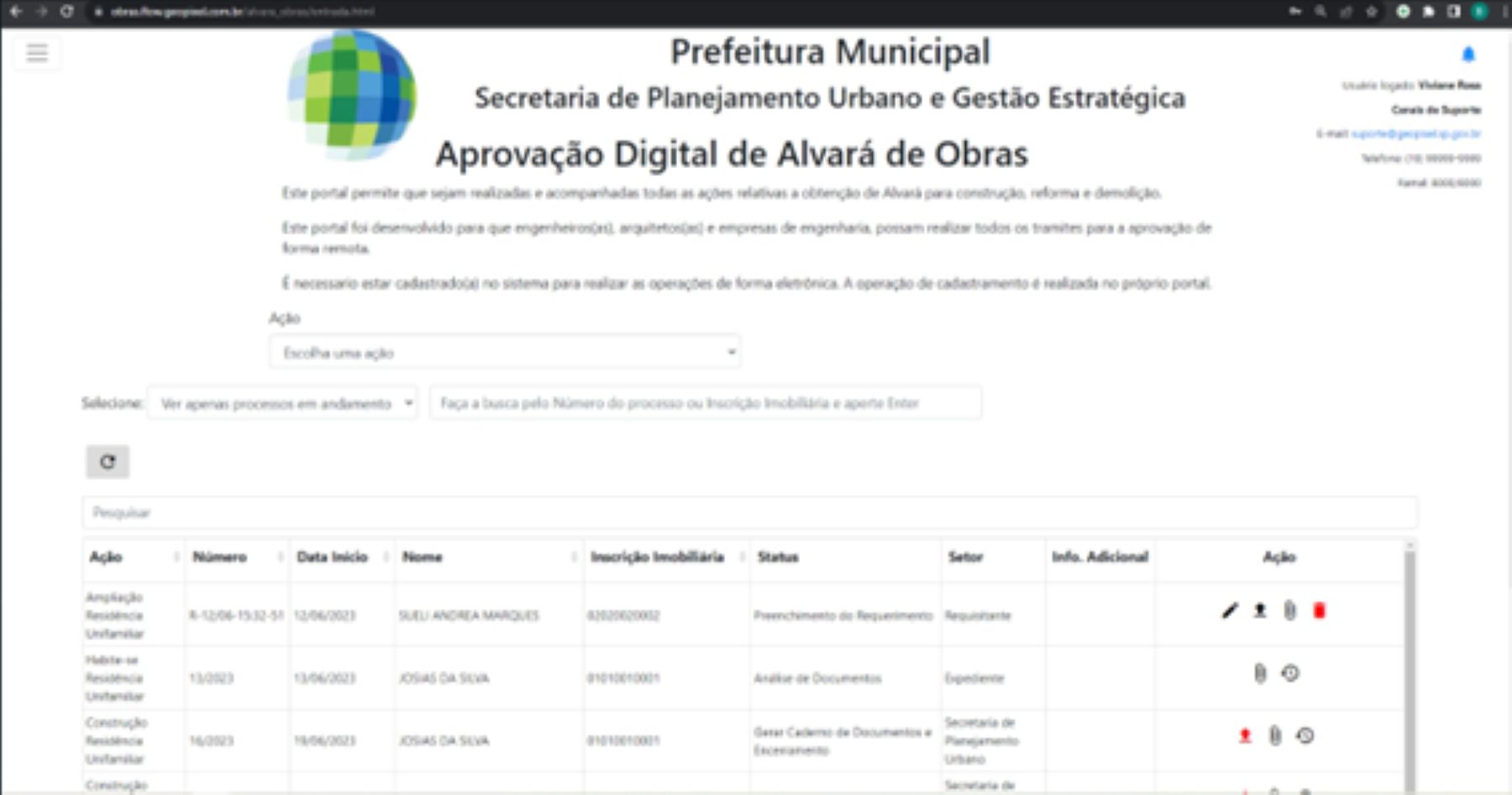 Ilustração de processo digitalizado na prefeitura, com profissionais acessando plataformas online para emissão de alvará de obra.