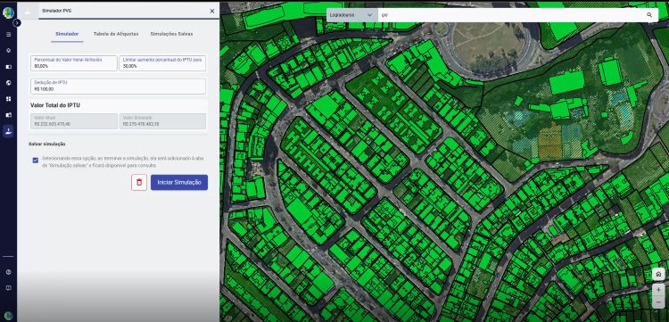 Interface de geoprocessamento exibindo a Planta Genérica de Valores com camadas urbanas para revisão tributária e planejamento urbano.