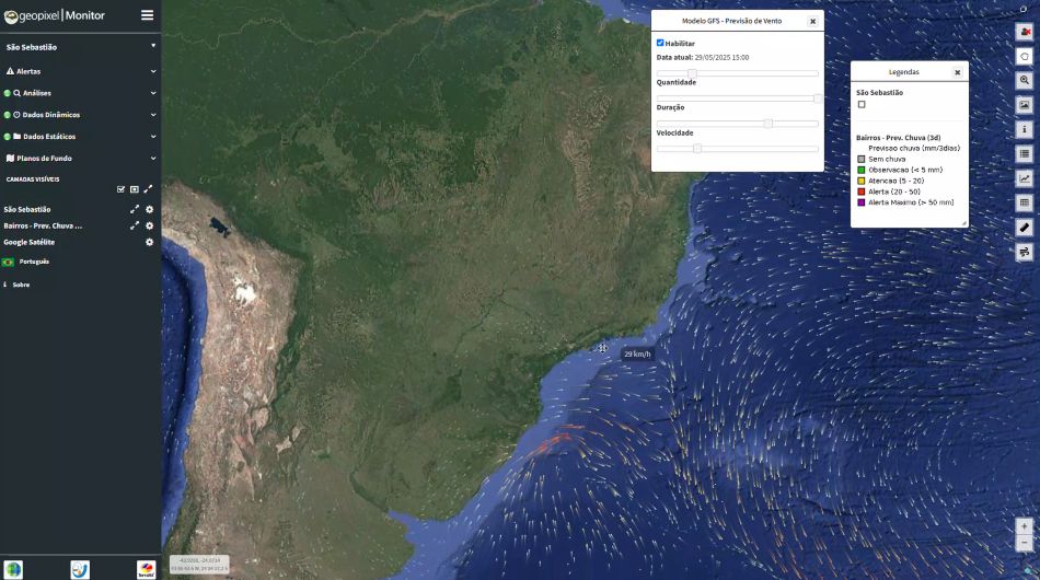 Interface de plataforma de monitoramento climático, conhecido como Geopixel Monitor.