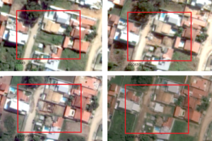 Comparação temporal de imagens de satélite mostrando a mesma área urbana em quatro períodos diferentes (maio, agosto, outubro e janeiro), destacando as alterações detectadas automaticamente pelo Monitoramento de Alterações Municipais da Geopixel, incluindo mudanças em edificações, supressão de vegetação e ocupação do solo.