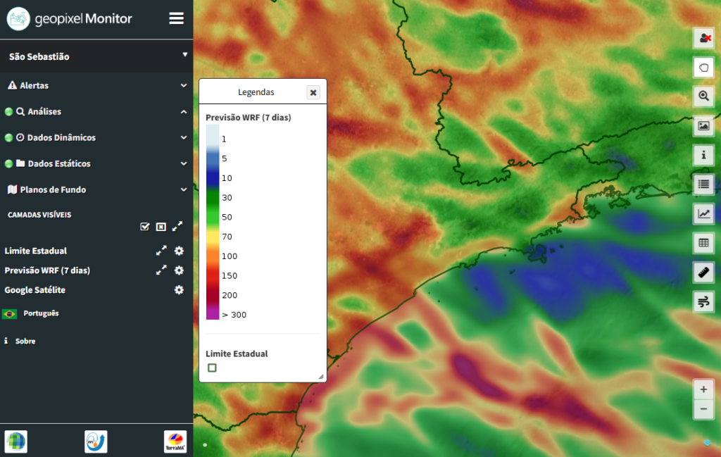 Tela do geopixel Monitor com mapa de previsão de chuva em cores e menu lateral de monitoramento ambiental. Tela do geopixel Monitor com mapa de previsão de chuva em cores e menu lateral de monitoramento ambiental.