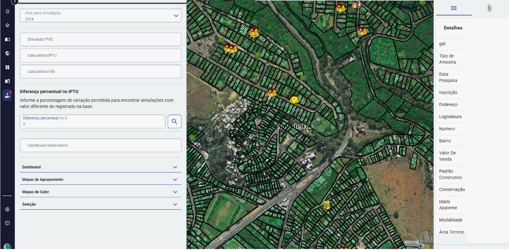 Interface do Observatório do Mercado Imobiliário da Geopixel exibindo mapa georreferenciado de lotes urbanos com simulador de PGV, calculadora de IPTU e ITBI integrados ao sistema. Interface do Observatório do Mercado Imobiliário da Geopixel exibindo mapa georreferenciado de lotes urbanos com simulador de PGV, calculadora de IPTU e ITBI integrados ao sistema.