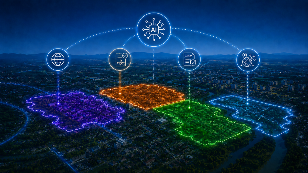 Imagem de cidade inteligente com áreas territoriais conectadas por tecnologia e inteligência artificial, representando uso de IA para gestão pública e planejamento urbano. Imagem de cidade inteligente com áreas territoriais conectadas por tecnologia e inteligência artificial, representando uso de IA para gestão pública e planejamento urbano.